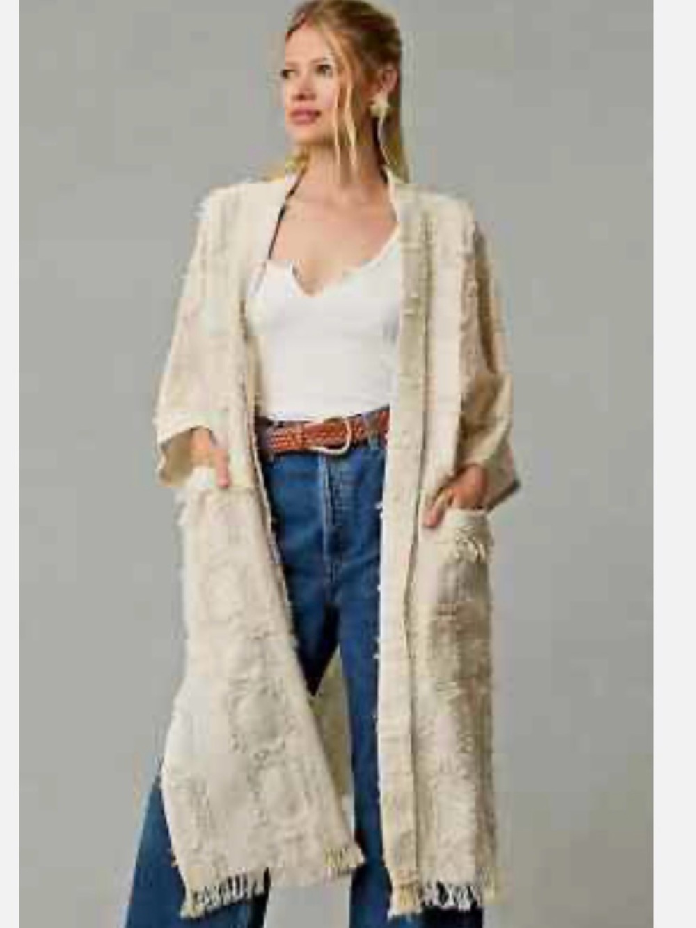 Anthropologie Neutral Frayed Open-Front Duster - Womens Beige